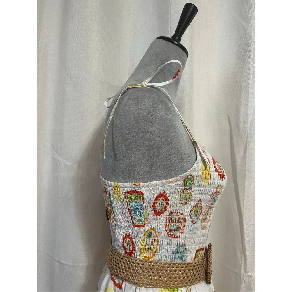 Cynthia Rowley White Maxi Sundress with Colorful Print and Woven Belt Sz Large - Picture 6 of 12
